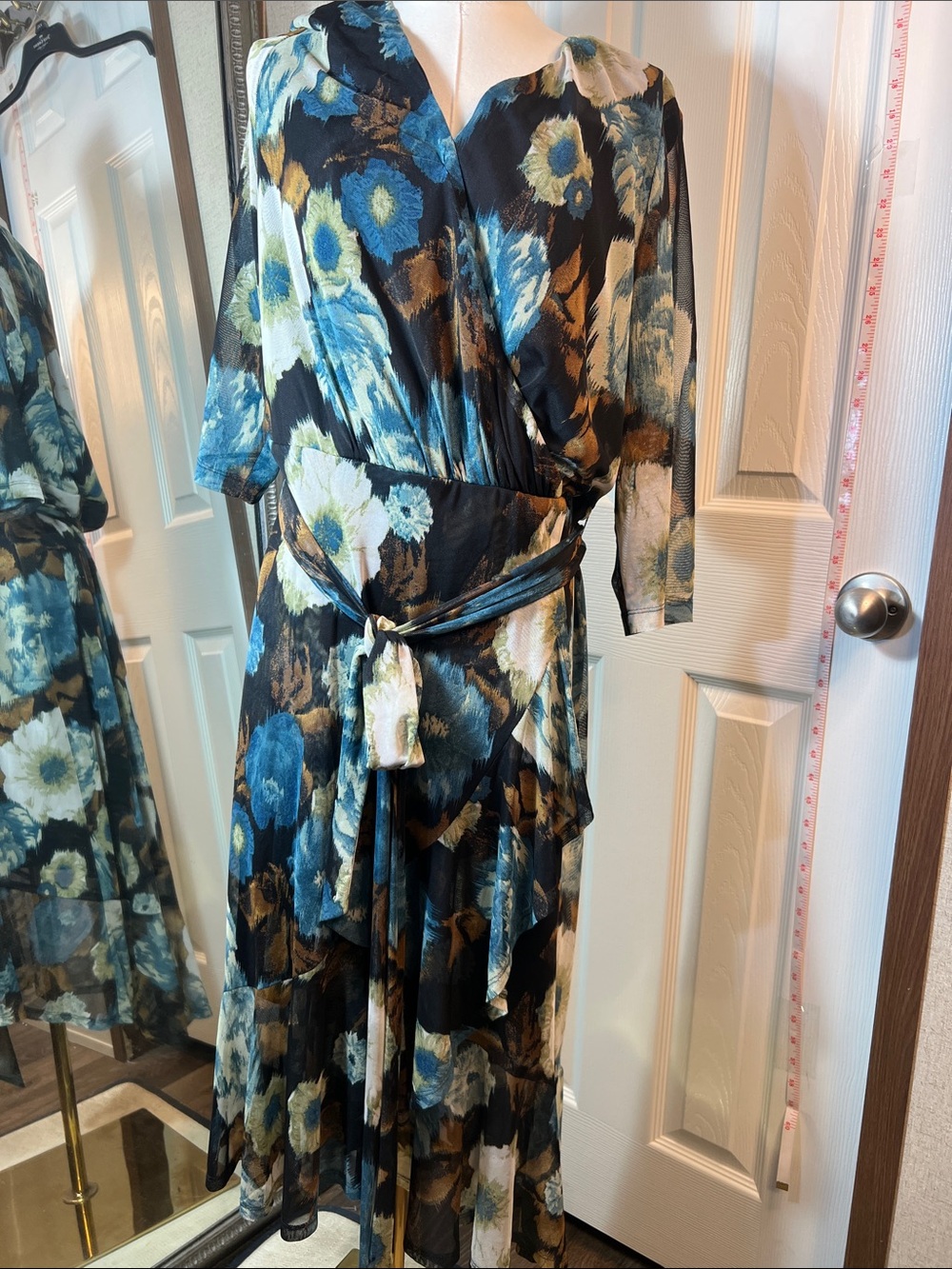 connected apparel Blue and Brown Floral Wrap Midi Dress